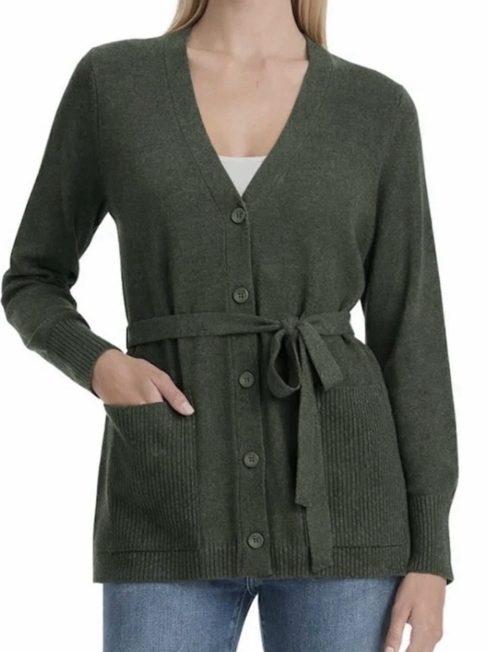 Splendid Belted Button-Front Cardigan Sweater – Olive Green Womens M NWOT